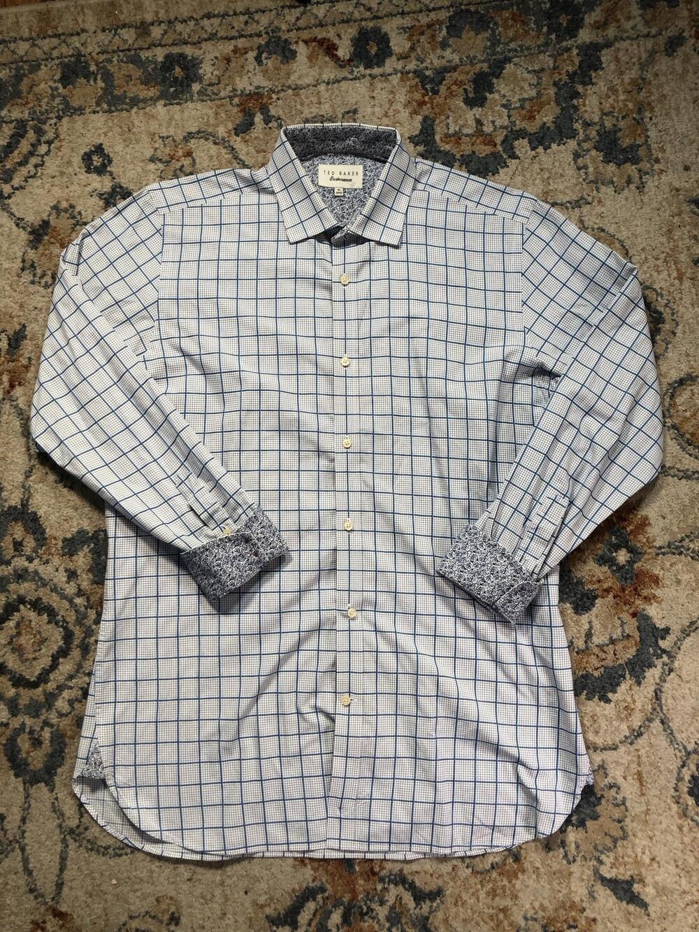 Ted Baker Dress Shirt Mens 16 32/33 White Check Endurance Contrast Cuff LS